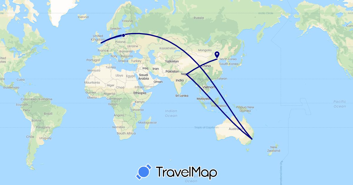 TravelMap itinerary: driving in Australia, China, United Kingdom, Lithuania, Nepal (Asia, Europe, Oceania)